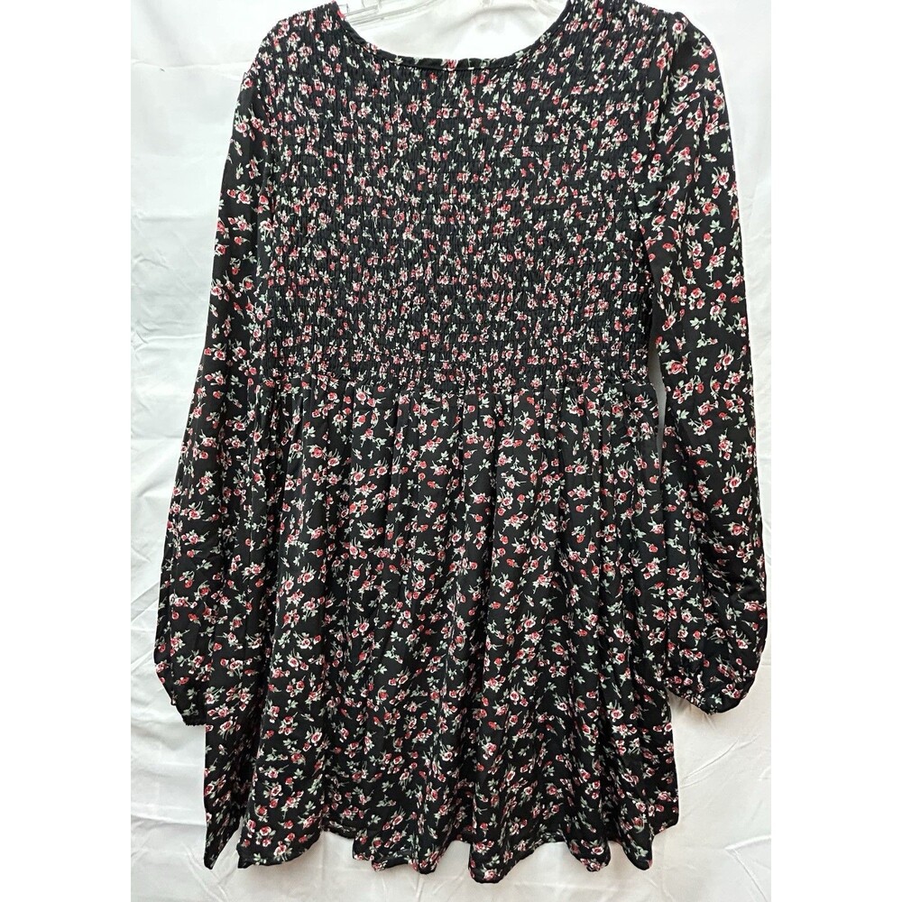 Daisy Street Womens 10 M Black Ditsy Floral Smocked Mini Dress Long Sleeve Boho